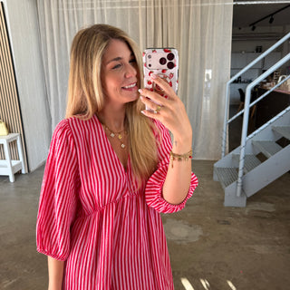Musselinkleid Ella - Small Stripes Rosa x Rot