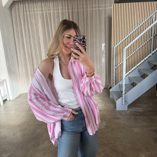 Oversize Musselinbluse Big Stripes - Rosa x Weiß