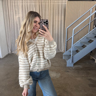 V-Neck Stripes Strickjacke - Beige x Creme