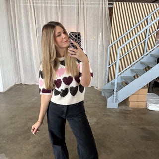 Kurzarm Hearts Oberteil - Bordeaux x Rosa