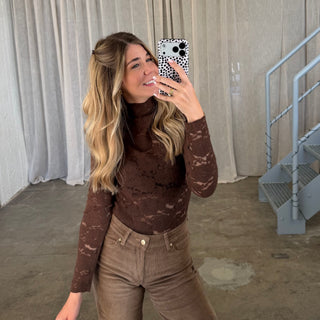 Spitzen Longsleeve SHEER - Espresso