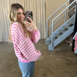 V-Neck Stripes Strickjacke - Pink x Creme