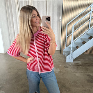 Short Stripes Strickjacke - Rosa x Rot