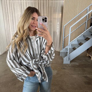 Oversize Musselinbluse Big Stripes - Grau
