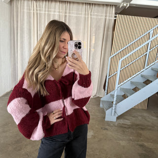 Strickjacke Schleifen & Streifen -  Bordeaux x Rosa