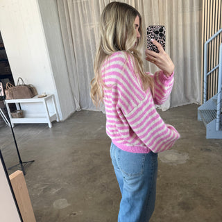 V-Neck Stripes Strickjacke - Pink x Creme