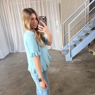 Kurzarm Rüschen Oberteil - Babyblau