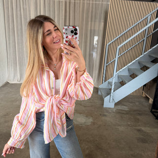 Oversize Musselinbluse Small Stripes - Sunset