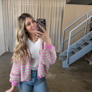 V-Neck Stripes Strickjacke - Pink x Grün
