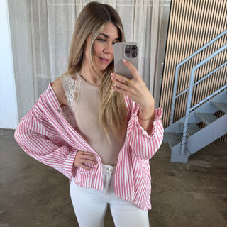 Musselinbluse Streifen - Altrosa x Weiß
