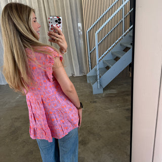Kurzarm Musselinbluse - Leo Lila x Neon Orange
