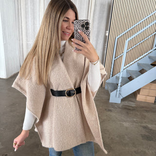 Kurzarm Poncho - Creme (inkl. Gürtel)