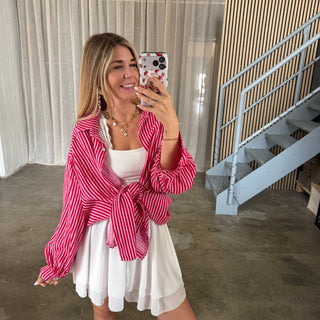 Oversize Musselinbluse Small Stripes - Rosa x Rot