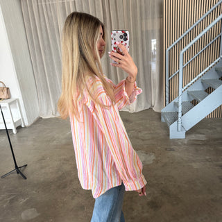 Oversize Musselinbluse Small Stripes - Sunset