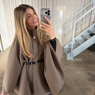 Langarm Poncho De Luxe - Taupe (inkl. Gürtel)