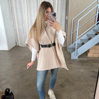 Kurzarm Poncho - Creme (inkl. Gürtel)
