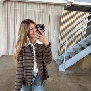 Rüschen Strickjacke Small Stripes - Taupe x Espresso