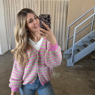 V-Neck Stripes Strickjacke - Pink x Grün