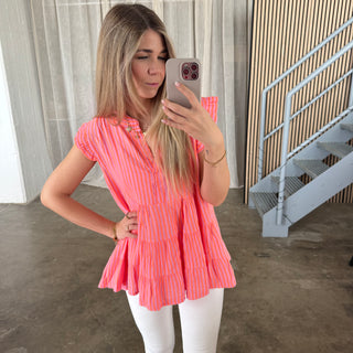 Kurzarm Musselinbluse Streifen - Neon Rosa x Orange