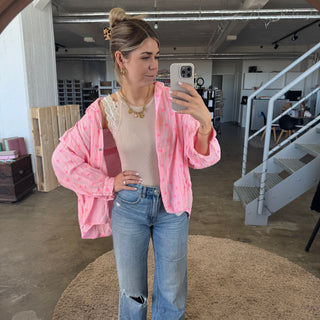 Musselinbluse Schleifen & Streifen - Rosa Neon