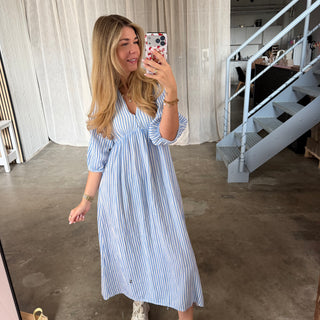 Musselinkleid Ella - Small Stripes Blau x Weiß