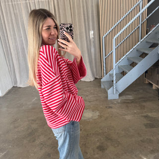 Oversize Longsleeve Stripes -  Rosa x Rot