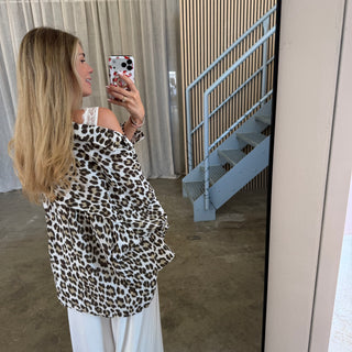 Oversize Musselinbluse Leo - Weiß x Braun