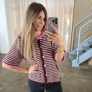 Short Stripes Strickjacke - Bordeaux x Pink