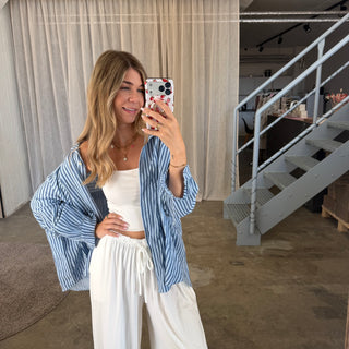Oversize Musselinbluse Small Stripes - Double Blue