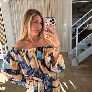Off Shoulder Top Tropical - Blau