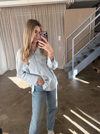 Oversize Bluse Leinen-Look - Hellblau