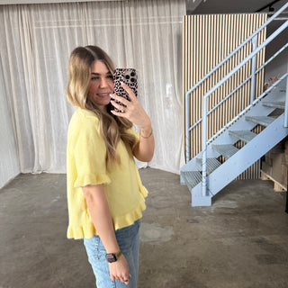Kurzarm Rüschen Oberteil - Butter Yellow