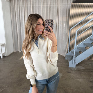 Blusen-Pulli - Creme x Blau