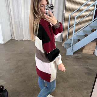 Long Strickjacke Karos - Braun x Bordeaux