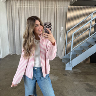 Stripes Zipp Jacke - Rosa x Weiß