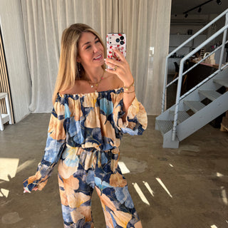 Off Shoulder Top Tropical - Blau
