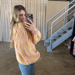 V-Neck Stripes Strickjacke - Rosa x Butter Yellow