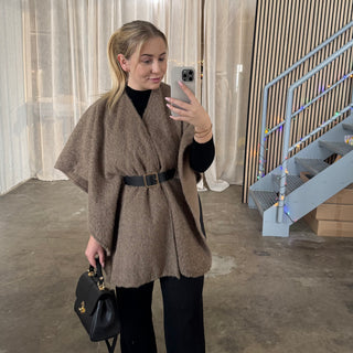 Kurzarm Poncho - Taupe (inkl. Gürtel)