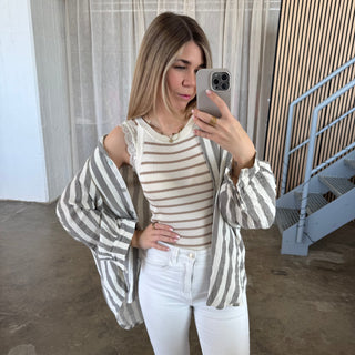 Oversize Musselinbluse Big Stripes - Grau